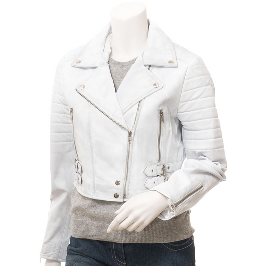 WOMEN'S WHITE LEATHER BIKER JACKET: ANGELICA
