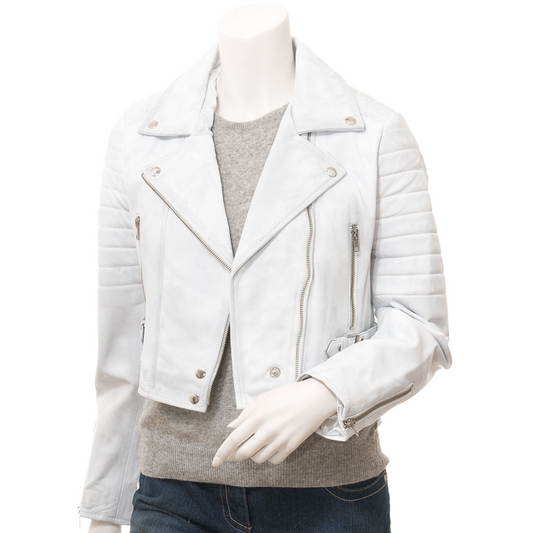 WOMEN'S WHITE LEATHER BIKER JACKET: ANGELICA