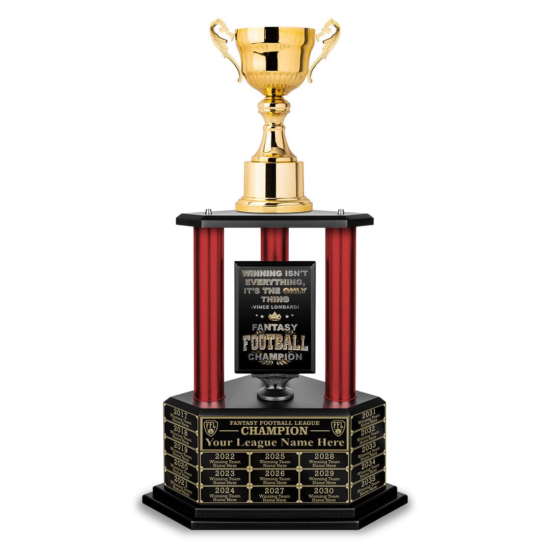 Gold fantasy football perpetual trophy cup with engraved nameplates.