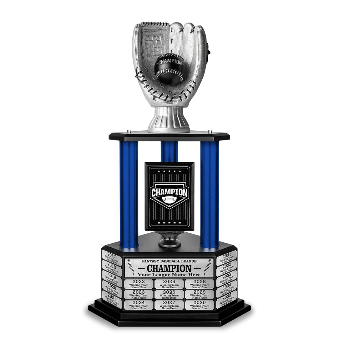 Silver baseball championship trophy with a sleek design and a baseball emblem