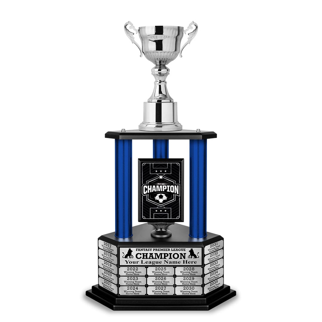 Silver soccer championship trophy with a customizable nameplate