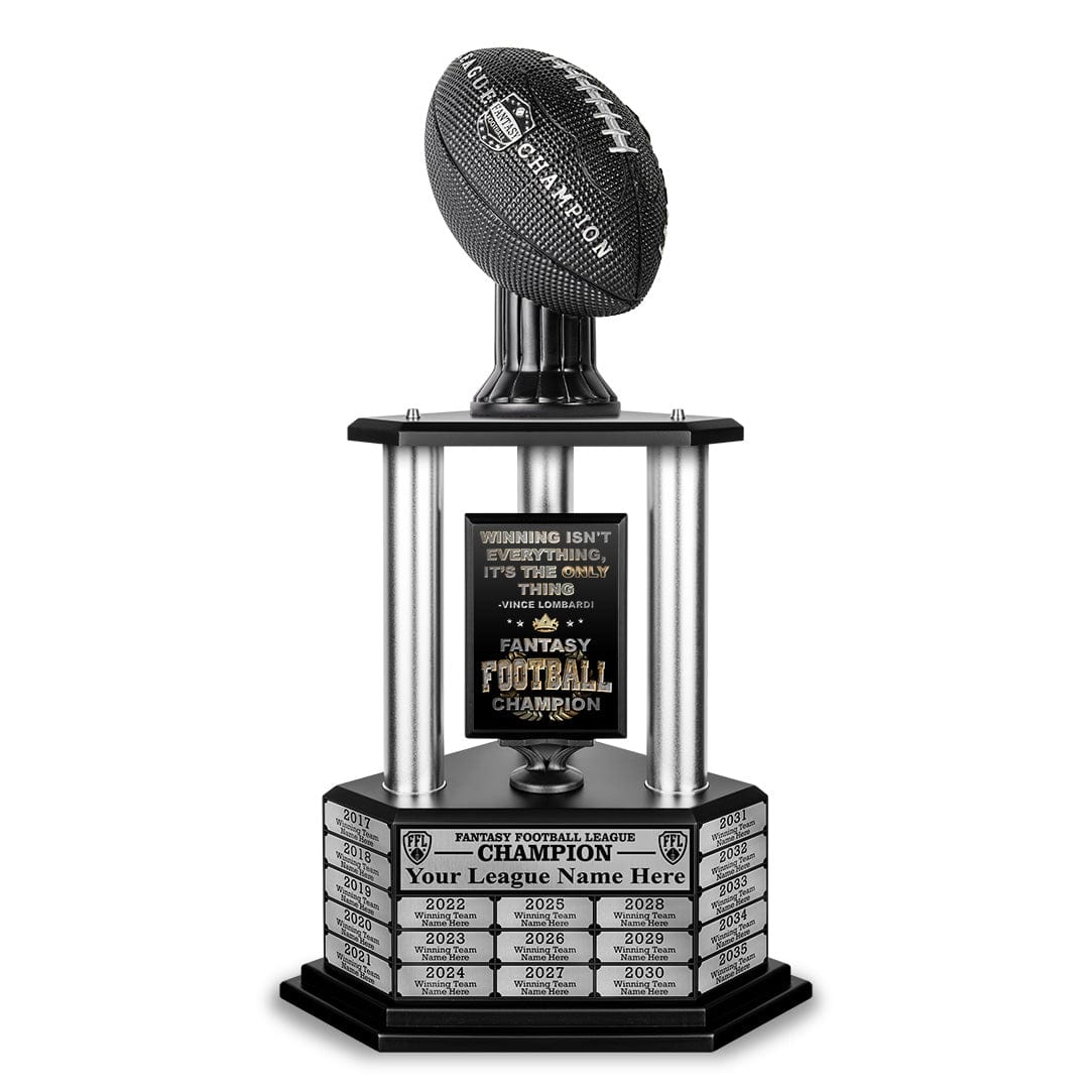 26-inch perpetual fantasy football trophy with black football topper, ideal for recurring champions, by TrophySmack.