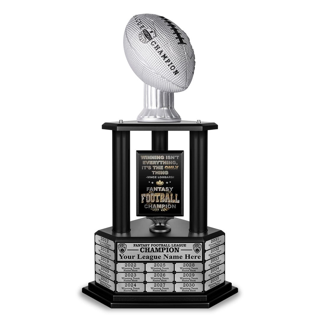 26-inch perpetual fantasy football trophy with silver football topper, ideal for league champions by TrophySmack.