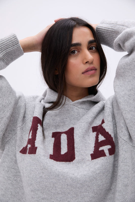 ADA Oversized Knit Hoodie - Light Grey Melange/Burgundy