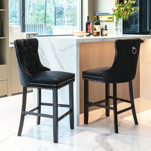 2 Piece Velvet Bar Stool With Button Tufted Trim And Wooden Legs