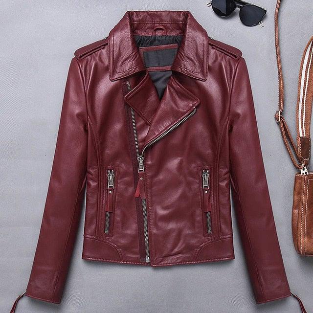 Candy Women Lambskin Genuine Leather Slim Short Motorcycle Biker Jacket-Womens Leather Jacket-Inland Leather Co.-Burgundy-XXL-Inland Leather Co.