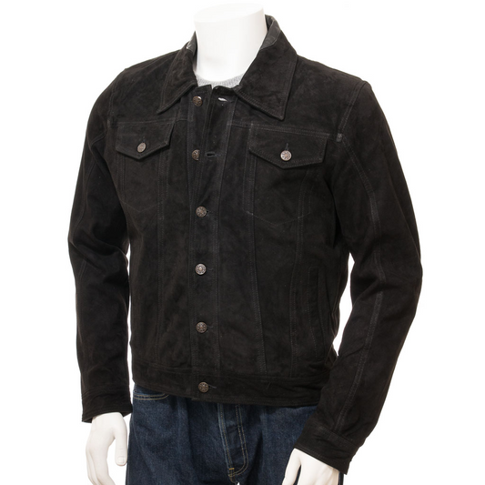 MEN'S BLACK SUEDE TRUCKER JACKET: BYRON