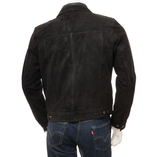 MEN'S BLACK SUEDE TRUCKER JACKET: BYRON