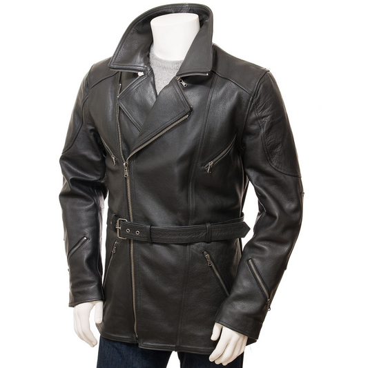 MEN'S BLACK BELTED LEATHER JACKET COAT: HARFORD