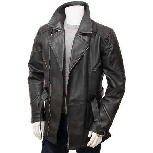 MEN'S BLACK BELTED LEATHER JACKET COAT: HARFORD