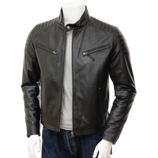 MEN'S BLACK LEATHER BIKER JACKET: HEBRON