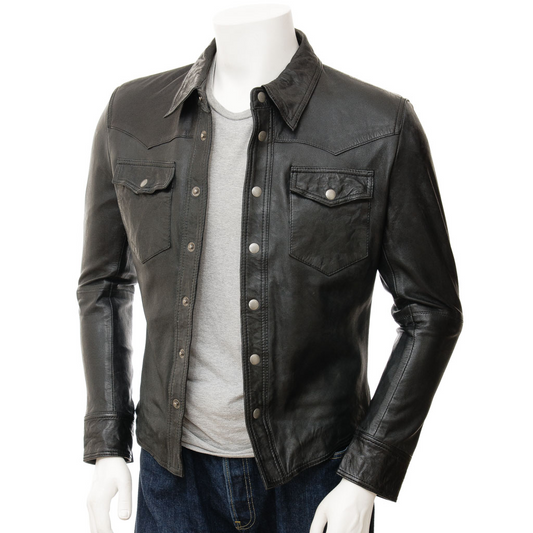 MEN'S CLASSIC BLACK LEATHER SHIRT: HERMON