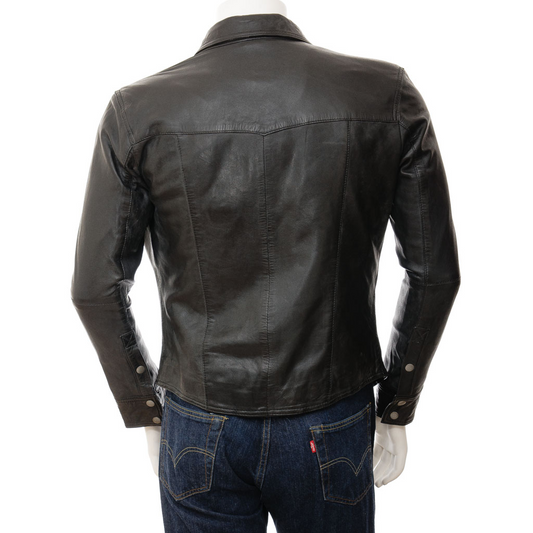 MEN'S CLASSIC BLACK LEATHER SHIRT: HERMON