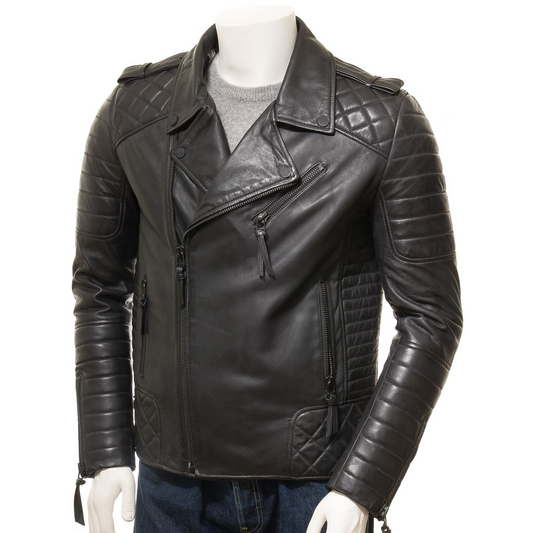 MEN'S BLACK LEATHER BIKER JACKET: NICHOLS