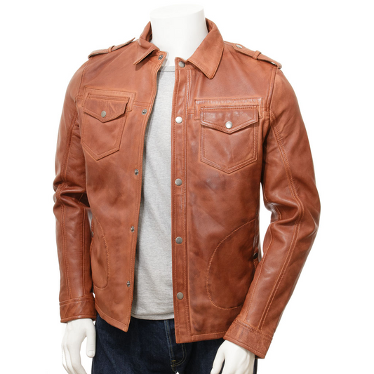 MEN'S BROWN LEATHER SHIRT JACKET: NORWICH