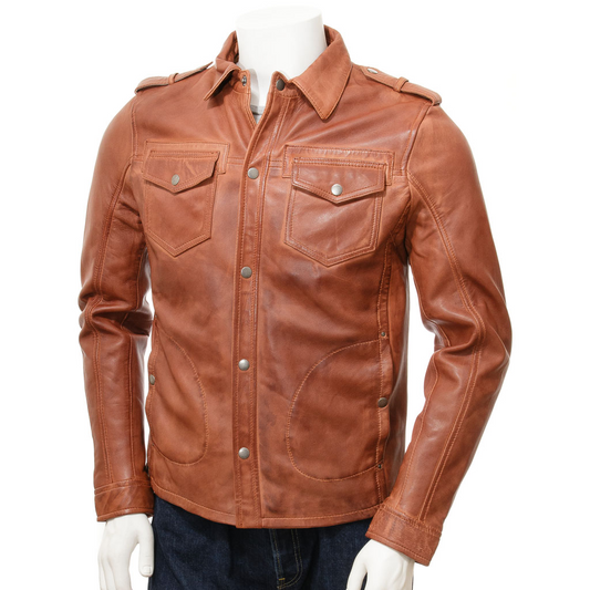 MEN'S BROWN LEATHER SHIRT JACKET: NORWICH