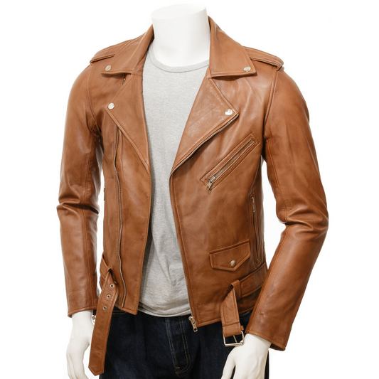 MEN'S BROWN LEATHER BIKER JACKET: SALEM