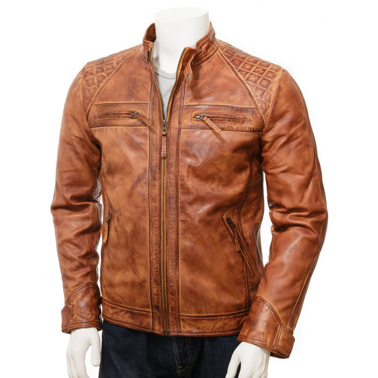 MEN'S BROWN LEATHER BIKER JACKET: OAKFIELD