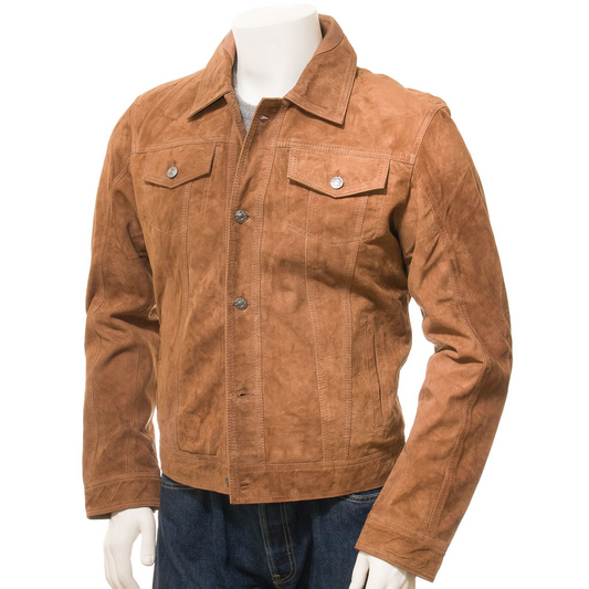 MEN'S TOBACCO SUEDE TRUCKER JACKET: OSSIAN