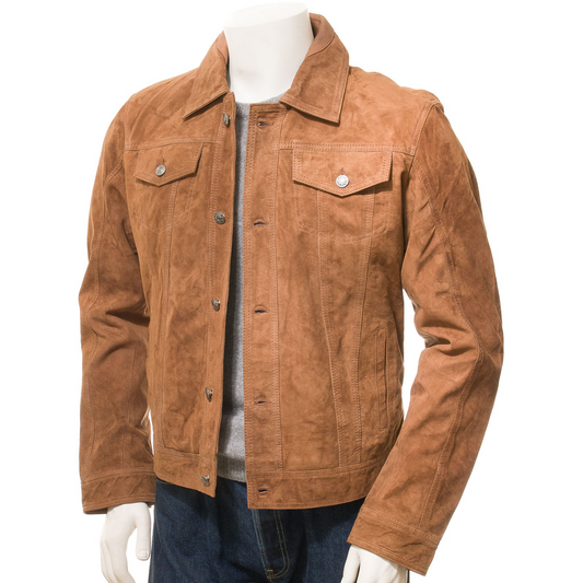 MEN'S TOBACCO SUEDE TRUCKER JACKET: OSSIAN