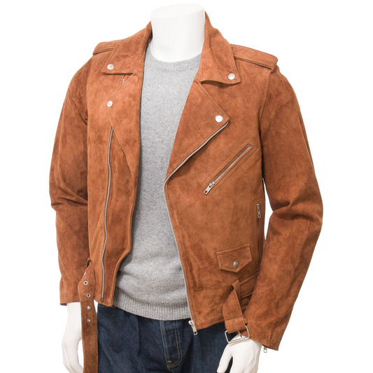 MEN'S BROWN SUEDE BIKER JACKET: PARISH