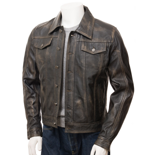 MEN'S LEATHER TRUCKER JACKET IN VINTAGE: PIKE