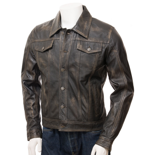 MEN'S LEATHER TRUCKER JACKET IN VINTAGE: PIKE