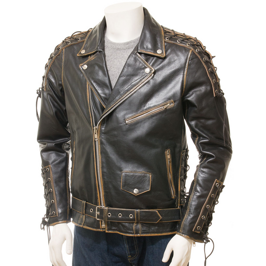 MEN'S VINTAGE LEATHER BIKER JACKET: PITCHER