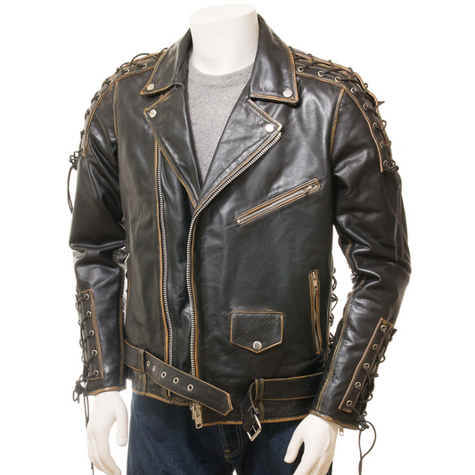 MEN'S VINTAGE LEATHER BIKER JACKET: PITCHER