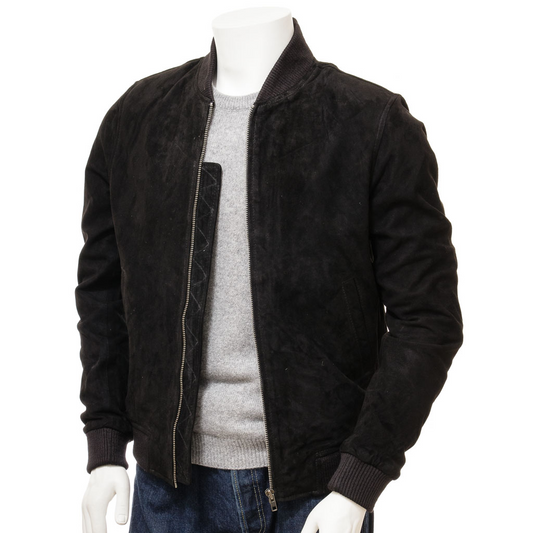 MEN'S BLACK SUEDE BOMBER JACKET: BEEKMAN