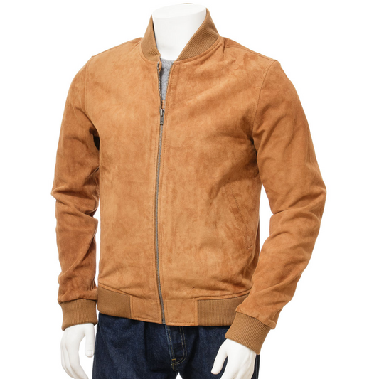 MEN'S TAN SUEDE BOMBER JACKET: BENTON