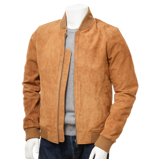 MEN'S TAN SUEDE BOMBER JACKET: BENTON