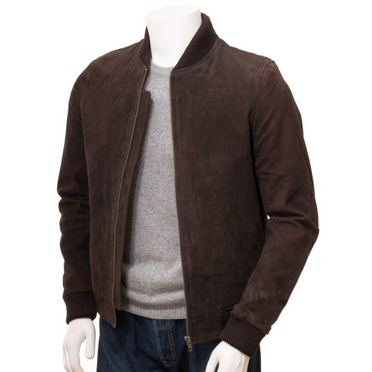 MEN'S BROWN SUEDE BOMBER JACKET: BERGEN