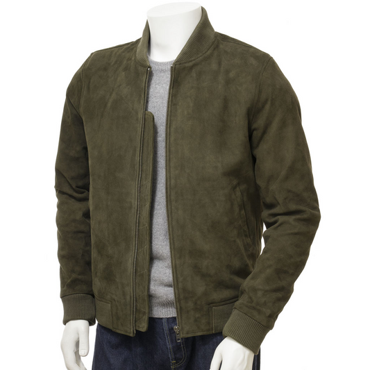 MEN'S OLIVE SUEDE BOMBER JACKET: BERKSHIRE