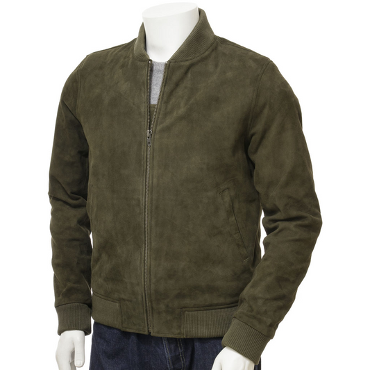 MEN'S OLIVE SUEDE BOMBER JACKET: BERKSHIRE