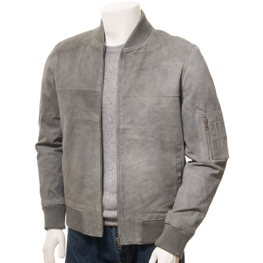 MEN'S GREY SUEDE BOMBER JACKET: BETHANY