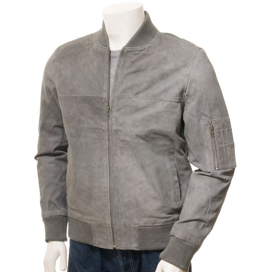 MEN'S GREY SUEDE BOMBER JACKET: BETHANY