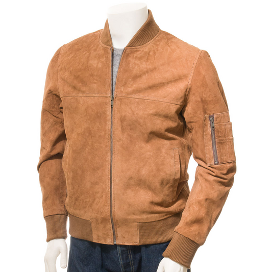 MEN'S TAN SUEDE BOMBER JACKET: BOLIVAR