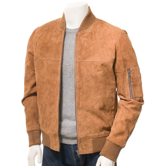 MEN'S TAN SUEDE BOMBER JACKET: BOLIVAR