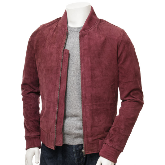 MEN'S BURGUNDY SUEDE BOMBER JACKET: BOONVILLE