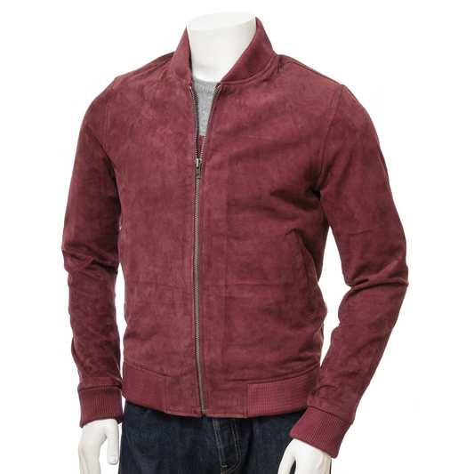 MEN'S BURGUNDY SUEDE BOMBER JACKET: BOONVILLE