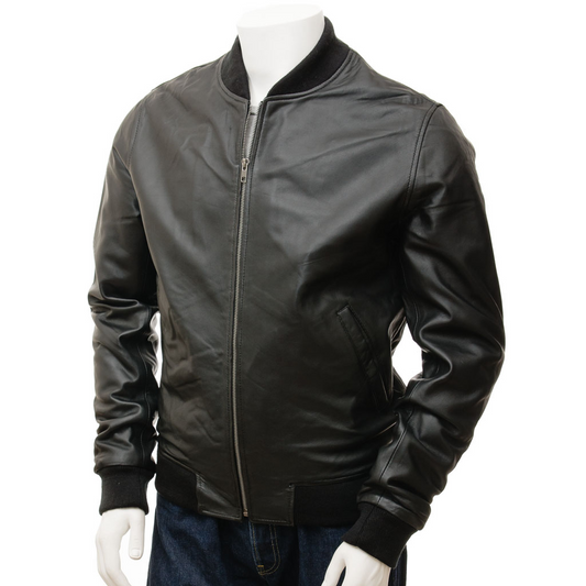 MEN'S BLACK LEATHER BOMBER JACKET: BOSTON