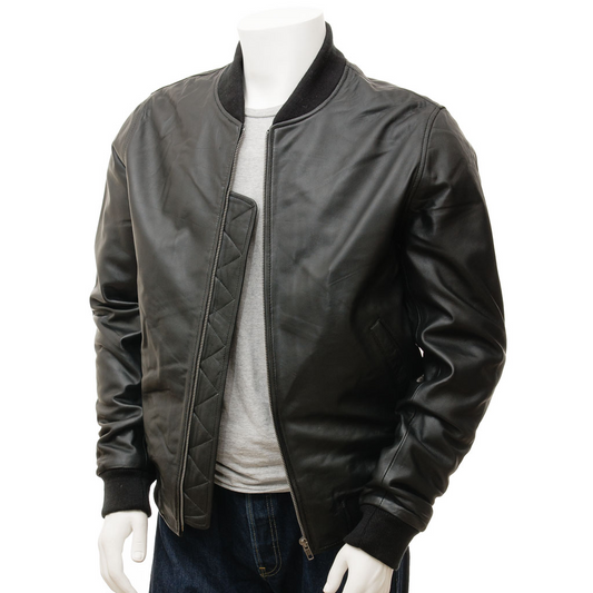 MEN'S BLACK LEATHER BOMBER JACKET: BOSTON