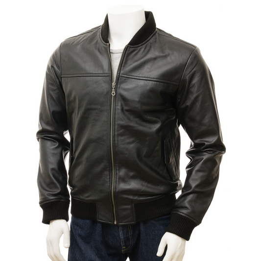 MEN'S BLACK LEATHER BOMBER JACKET: BRADFORD