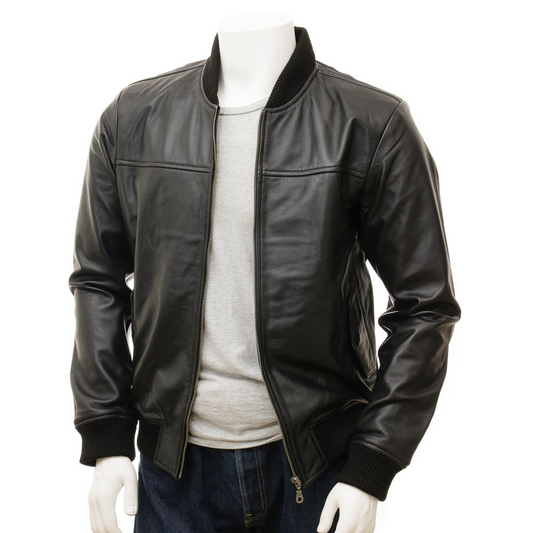 MEN'S BLACK LEATHER BOMBER JACKET: BRADFORD