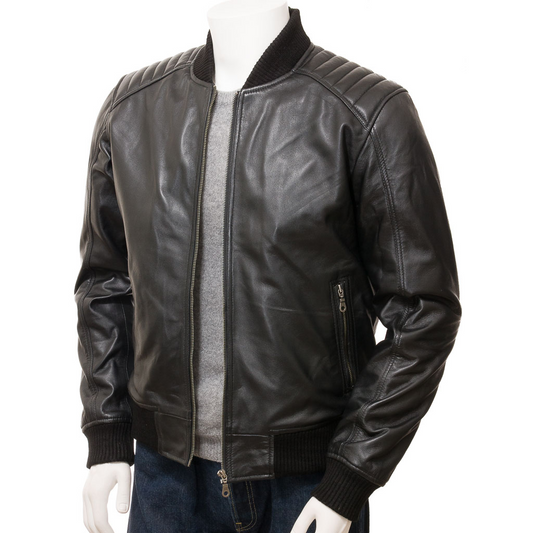 MEN'S BLACK LEATHER BOMBER JACKET: BRANDON