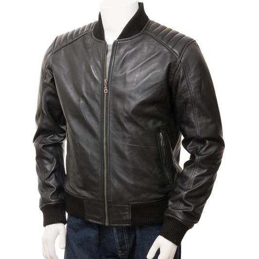 MEN'S BLACK LEATHER BOMBER JACKET: BRANDON