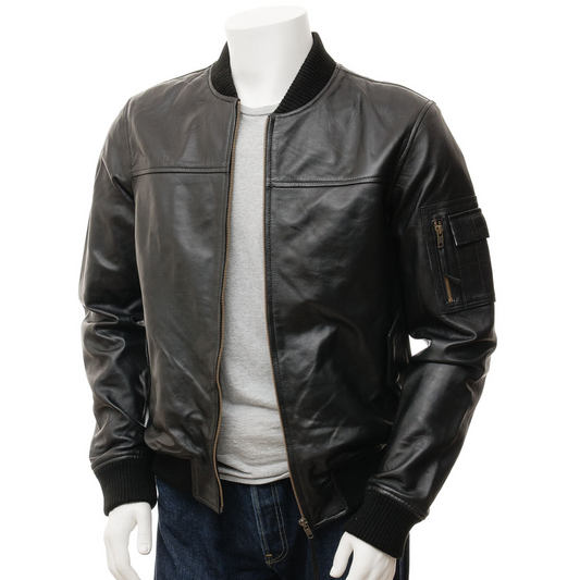 MEN'S BLACK LEATHER BOMBER JACKET: BRANT