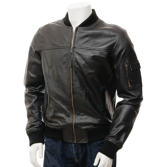 MEN'S BLACK LEATHER BOMBER JACKET: BRANT