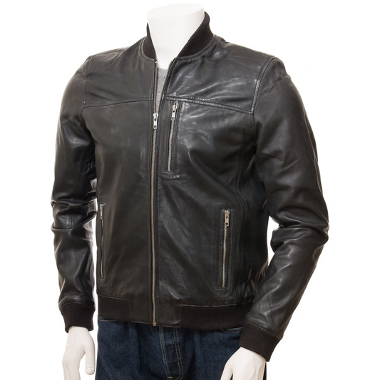 MEN'S BLACK LEATHER BOMBER JACKET: BRASHER